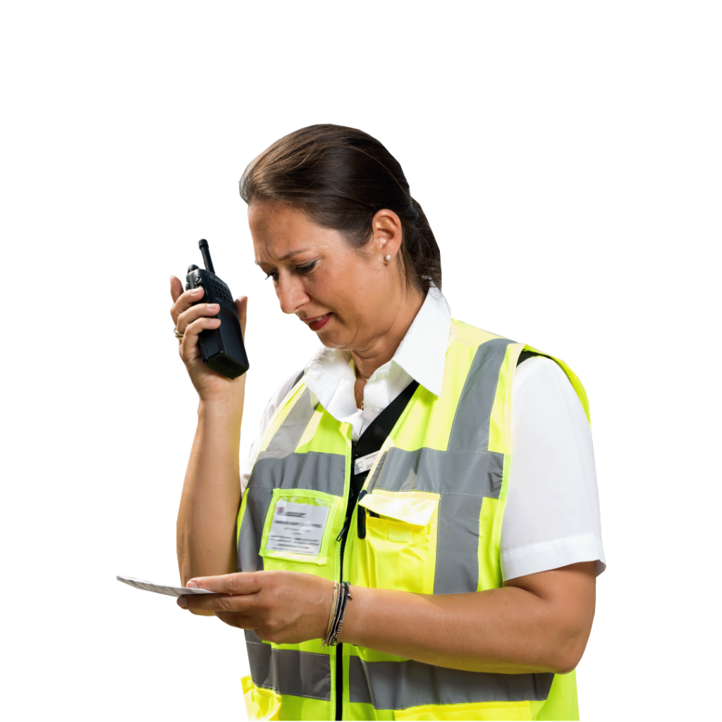 Frau mit Warnweste und Funkgerät in der Hand