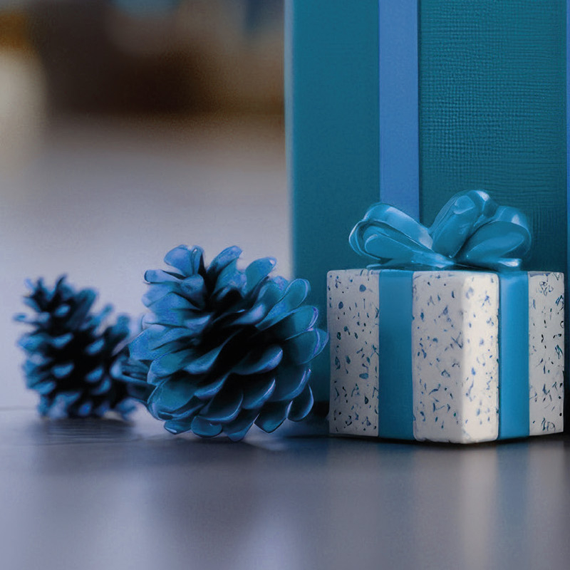 Christmas card with suitcase, gift and fir cones