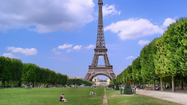 Grass and trees with Eiffel Tower in the back.
